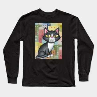 Black and white kitty cat with a cityscape with orange and yellow Long Sleeve T-Shirt